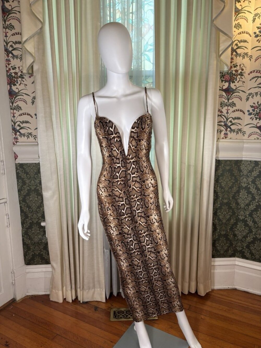 JLuxLabel Snake Print Deep V Plunge Stretch Bodycon Wiggle Maxi Dress Small